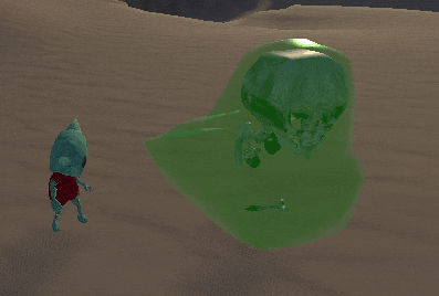 A slime undulates in the desert next to a weird little guy.
