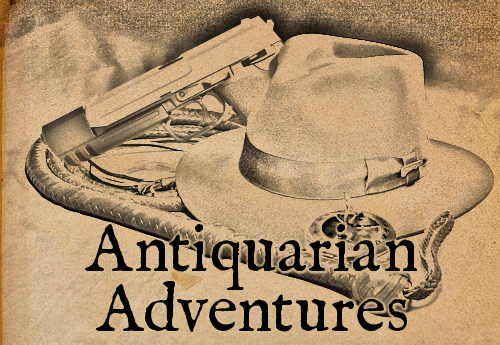 A fedora, a handgun, a bullwhip, and a compass in a sketchbook style with the words "Antiquarian Adventures"