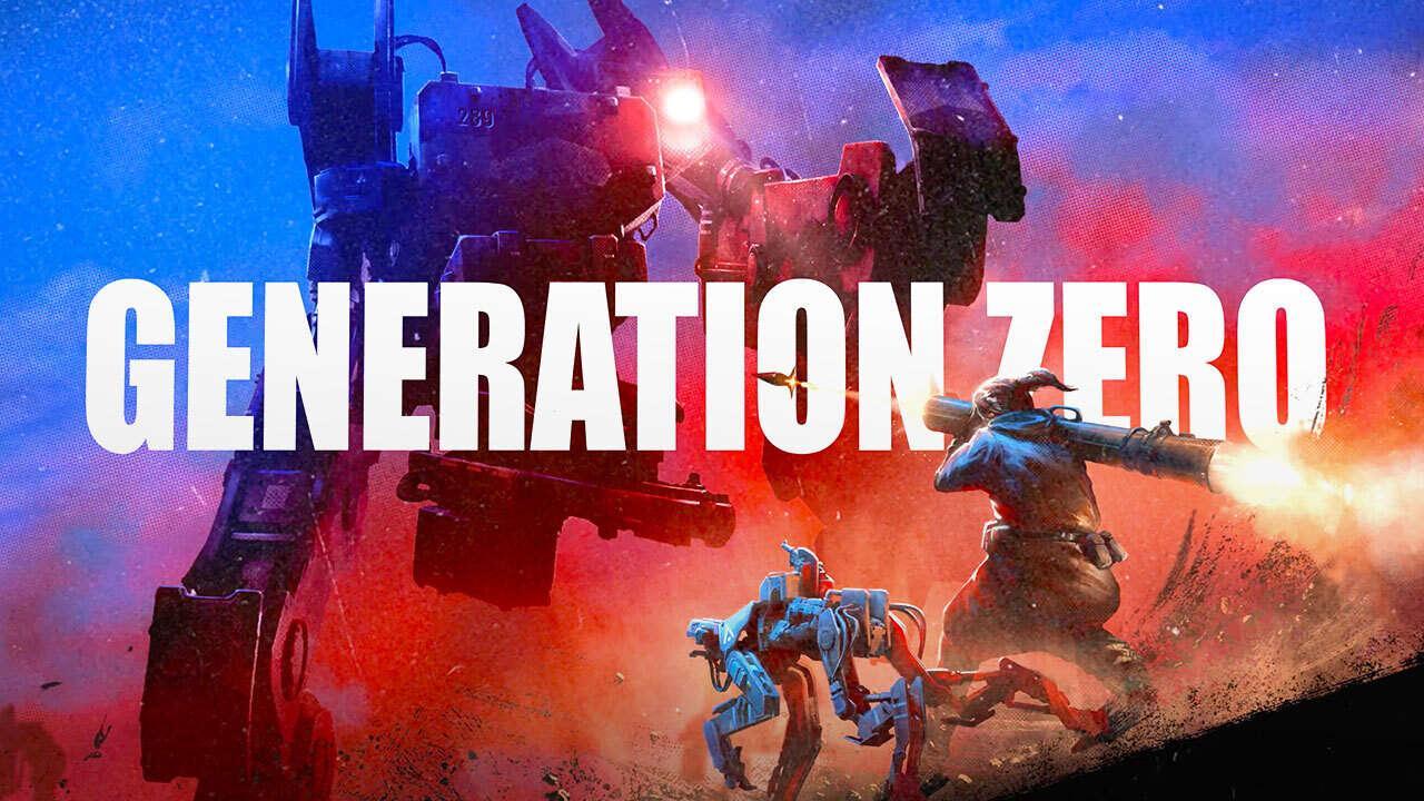 Generation Zero cover image featuring a girl in survivor gear firing a rocket launcher at a giant bipedal war machine with her robot dog companion beside her