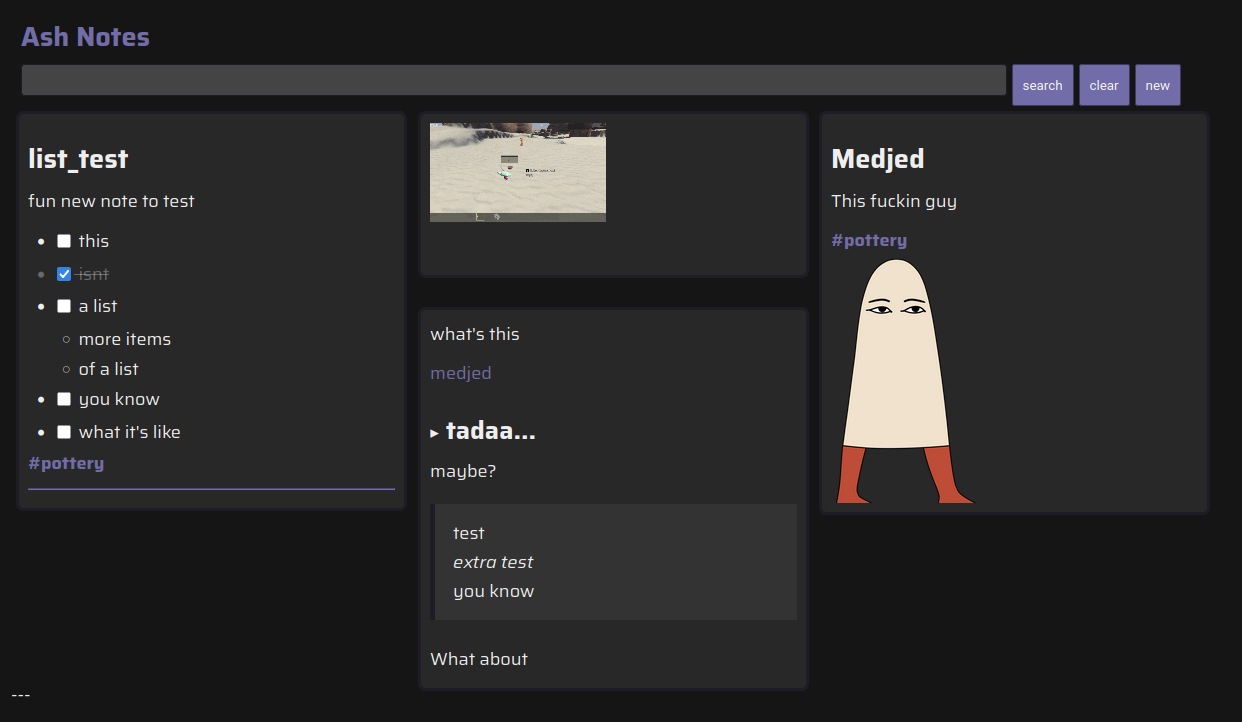 Screenshot of AshNotes with several demo notes shown in a masonry style display