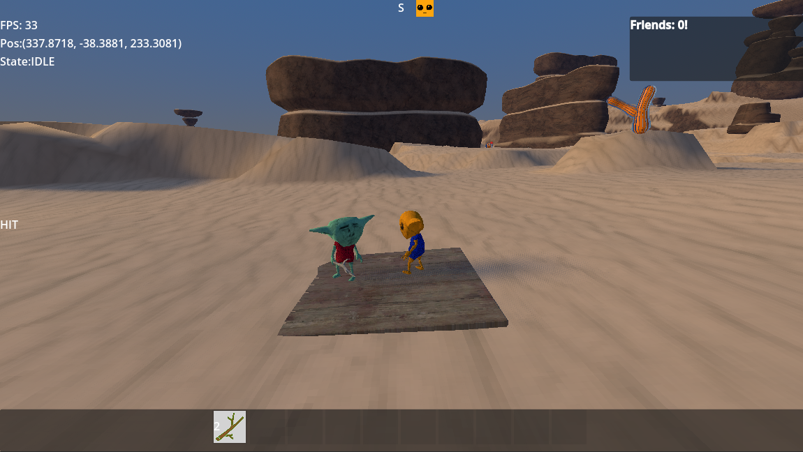 Two weird little guys stand together on a single piece of wooden floor in the desert