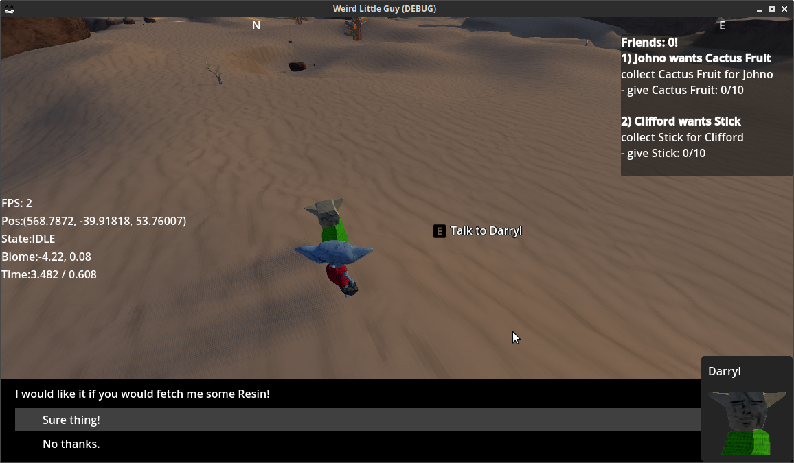 Screenshot showing a weird little guy in a desert talking to Darryl, whose portrait appears in the corner of the screen while conversation text is shown.