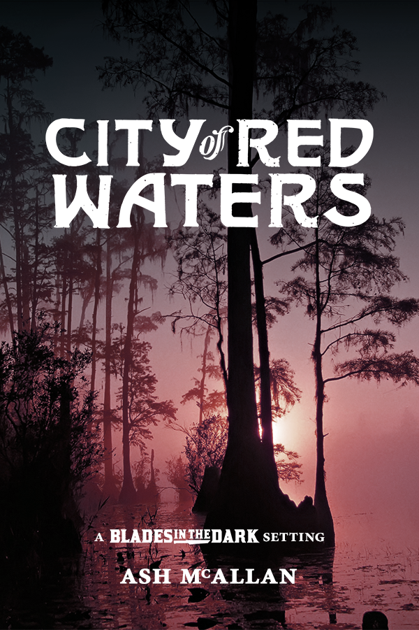 Cover image for City Of Red Waters featuring Cypress trees in a red bayou