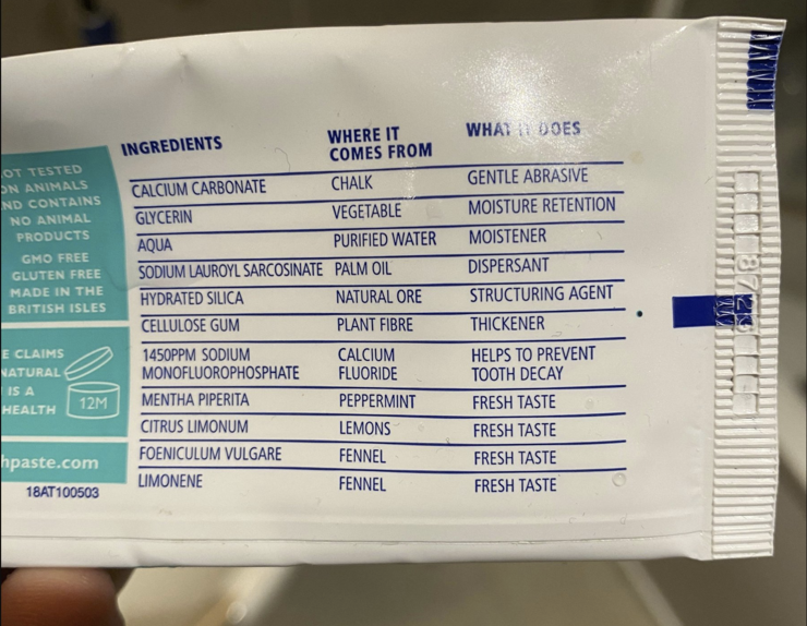 Backside of a toothpaste packaging showing a table which lists each ingredient, where it comes from and what it does.