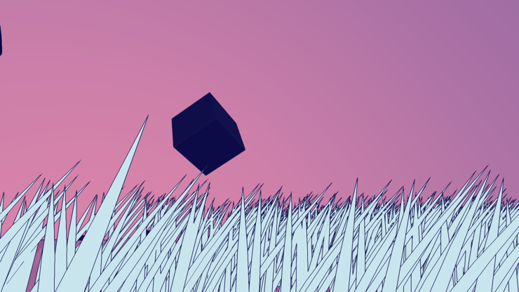 Screenshot of a video game, with comics-like colors, a floating cube and grass on the ground