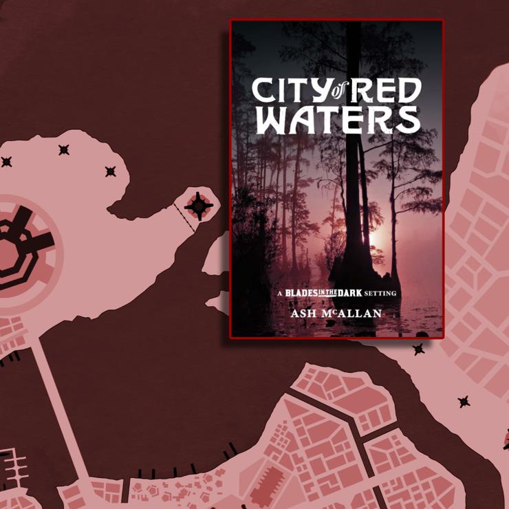 The cover for City of Red Waters against a red monotone map of a city on a peninsula. The illustration on the cover shows the setting sun dimly shining through a reddish haze, silhouetting tall trees that rise from a grim swamp.