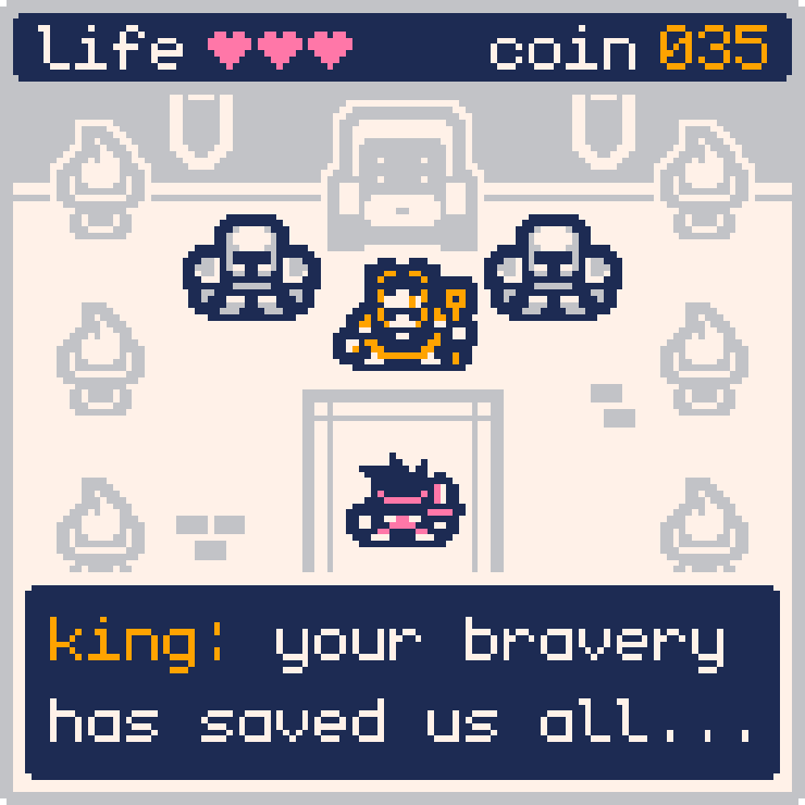 A mock-up showcasing the font MONOGRAM. It displays a top-down game scene where a king flanked by two guards tells a boy: "your bravery has saved us all".