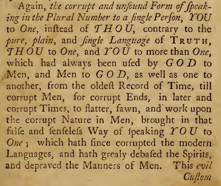 Early 18th century text complaining about the singular you.