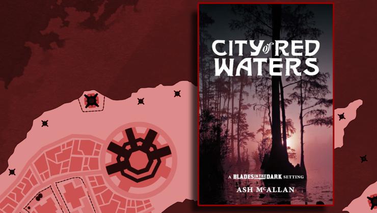 The cover for City of Red Waters against a red monotone map of a city on a peninsula. The illustration on the cover shows the setting sun dimly shining through a reddish haze, silhouetting tall trees that rise from a grim swamp.