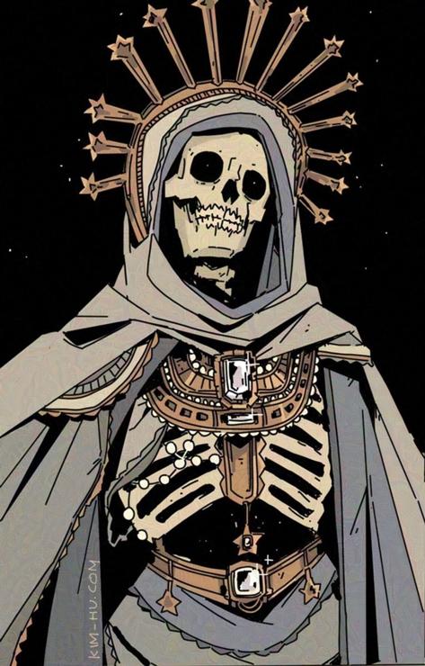 Illustration of a heavily decorated skeleton, a catacomb saint.