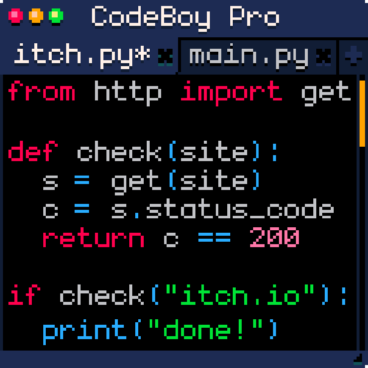 A mock-up showcasing the font MONOGRAM. It displays pseudo-code fetching the status code of an http request to "itch.io".