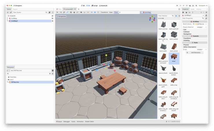 A small dungeon looking room assembled in the Godot Game Engine editor.