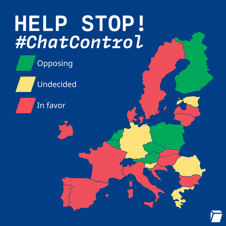 Map of the EU showing what countries are in favor (red), in opposition (green) and undecided (yellow) about Chat Control. The undecided ones must be contacted to stop Chat Control: Estonia, Germany, Greece, Slovenia, Luxembourg, Romania. While the Swedish government leans in favour of chat control, it needs parliamentary approval.
