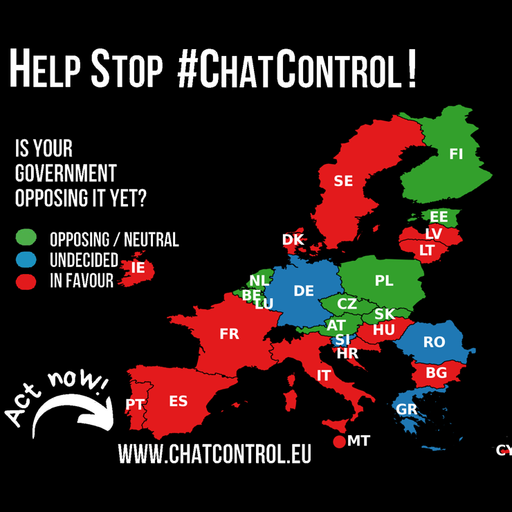 A map of Europe titled "Help Stop #ChatControl!" shows countries color-coded by their government's stance on Chat Control in 2025. The legend indicates: green for "Not in favour," blue for "Undecided/Unclear," and red for "In favour."

Countries in favour (red) are: Bulgaria, Croatia, Cyprus, Denmark, France, Hungary, Ireland, Italy, Latvia, Lithuania, Malta, Portugal, Spain, and Sweden.

Countries not in favour (green) are: Austria, Belgium, Czech Republic, Estonia, Finland, Luxembourg, Netherlands, Poland and Slovakia.

Countries undecided or unclear (blue) are: Germany, Greece, Slovenia, Romania.

The map includes the text "Is your government opposing it yet?" and a call to action at the bottom: "Act now! www.chatcontrol.eu".