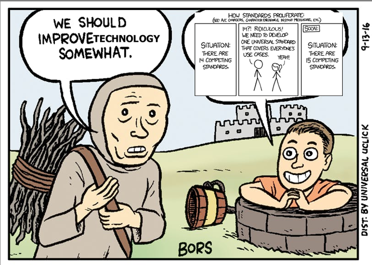 person 1: we should improve technology somewhat

person 2: the xkcd comic about 14 competing standards
