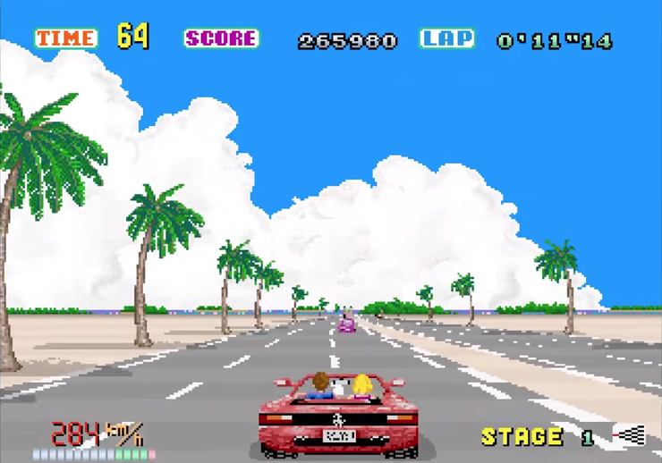 A screenshot of the original arcade version of OutRun, showing a palm lined road along a beach. The top 2/3 of the screen is solid blue sky with very bright clouds.