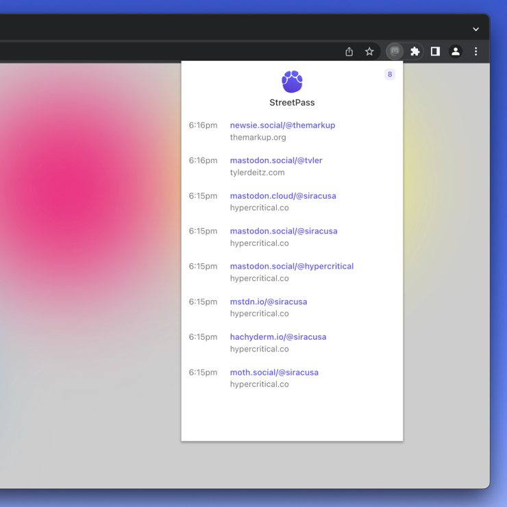 screenshot showing a dropdown menu when someone uses StreetPass. It shows a list of Mastodon profiles that are affiliated with the websites that youve visited