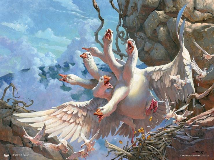 A piece of Magic art by Jesper Ejsing depicting a monstrous goose with multiple necks and heads on a cliff face.  Smaller regular geese are flying under it giving it scale on the massize size of this Goose Hydra monster.