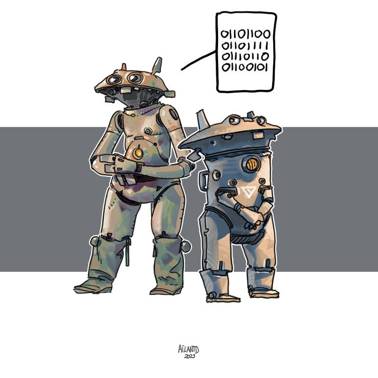 Two chatting robot partners.