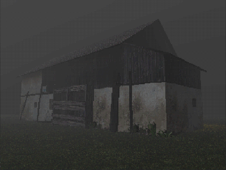 Screenshot with PS1 aesthetics of an old farm house in the mist