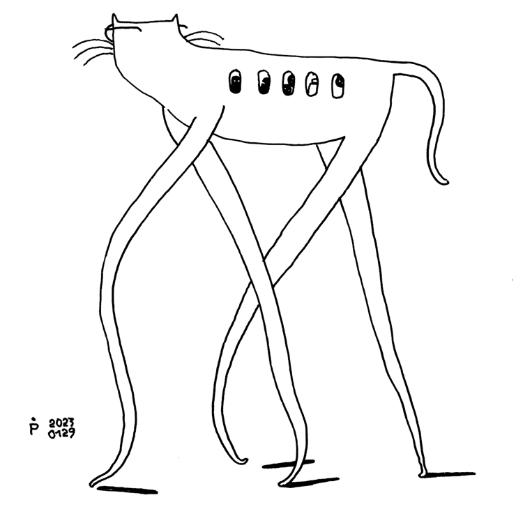 a drawing of a cat wearing a pair of glasses, looking away from the viewer and walking to the left on very long, wobbly legs. there are some black blob creatures looking out of airplane windows in the cat's side.
