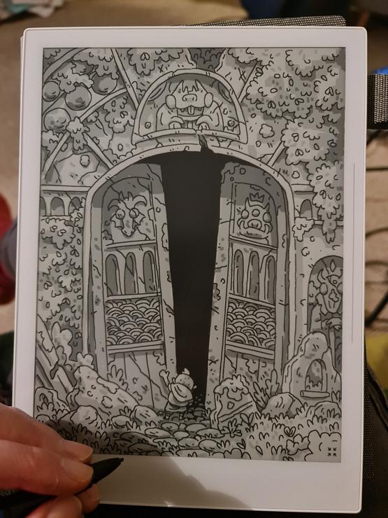 Theok looking into a large entrance. 