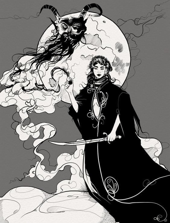 Girl with a sword holding a bottle letting out a demon. There is a full moon behind her.