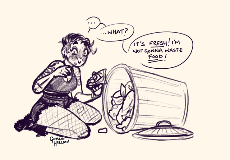 sketch of the prompt "a punk girl with a black undercut and a leather jacket, pretending she isn't embarrassed that you caught her taking food out of the garbage". She eats a cheeseburger and has sauce bits on her chin. Blushing, she has 3 speech bubbles: 1) ... 2) ... What? 3) It's *fresh*! I'm not gonna waste *food*!