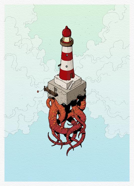 An isometric illustration of a typical, red and white striped lighthouse. Not typical are the tentacles protruding from the base.