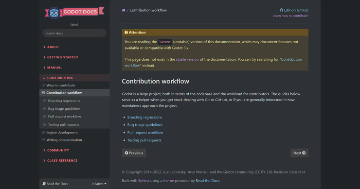 A page of the Godot engine documentation dedicated to the contribution workflow guides. The image also demonstrates some changes done to the main navigation sections in the sidebar.