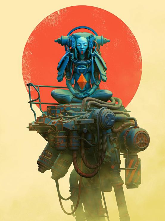 illustration of a siting cyber sorceress, primary colors, central composition in the style of 70's covers