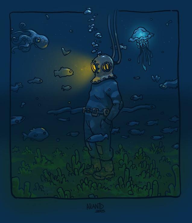 A man in ancient diving suit underwater surrounded by fish.