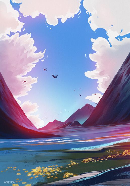 Digital painting of a landscape. It has a bright atmosphere and there are a few mountains. The ground is filled with yellow flowers. Birds flying in the sky and there are white clouds. It looks like a sunny day.