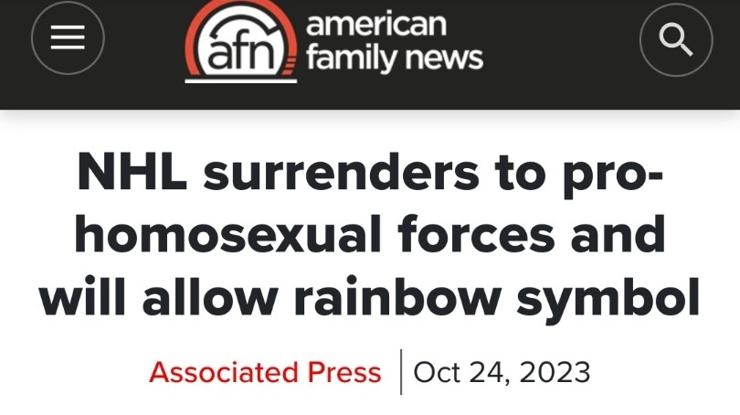 Screenshot from "American family news" with the headline "NHL surrenders to pro-homosexual forces and will allow rainbow symbol"
