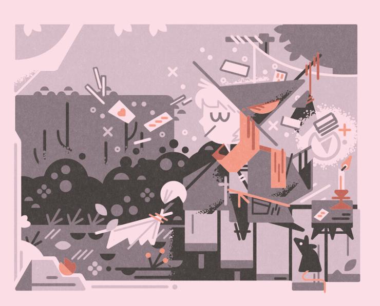 A figure in a patched and threadbare coat and pointy hat stands on a simple wooden stage. On the stage is a small table with a lit candle and a rat who watches them with curiosity. The figure holds a broomstick in their right hand (with a knapsack tied to the handle) and a deck of cards in their left; unnoticed by them, the cards are being scattered by the wind.