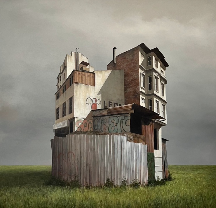 A group of buildings huddled together in vast flat landscape. Painting.