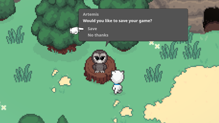 Screenshot of a cat talking to an owl in an adventure game