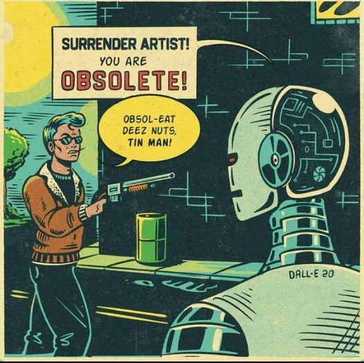 Cartoon drawing of robot saying "Surrender Artist! You are Obsolete!" then the artist character with a bouffant hairdo, shades, a fur-collared sweater-jacket and a shotgun says "Obsol-Eat Deez Nuts, Tin Man!"