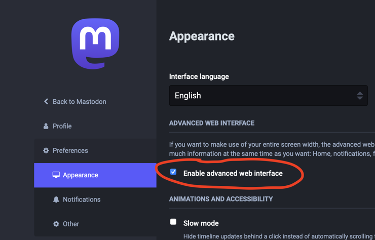 Screen cap showing the Enable advanced web interface feature turned on in the Mastodon options