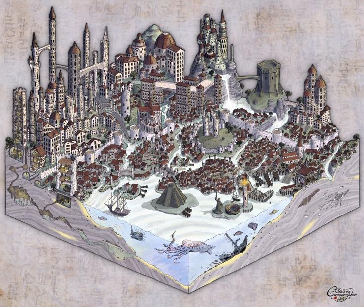 Isometric city map of fantasy coastal city with towers and castles.