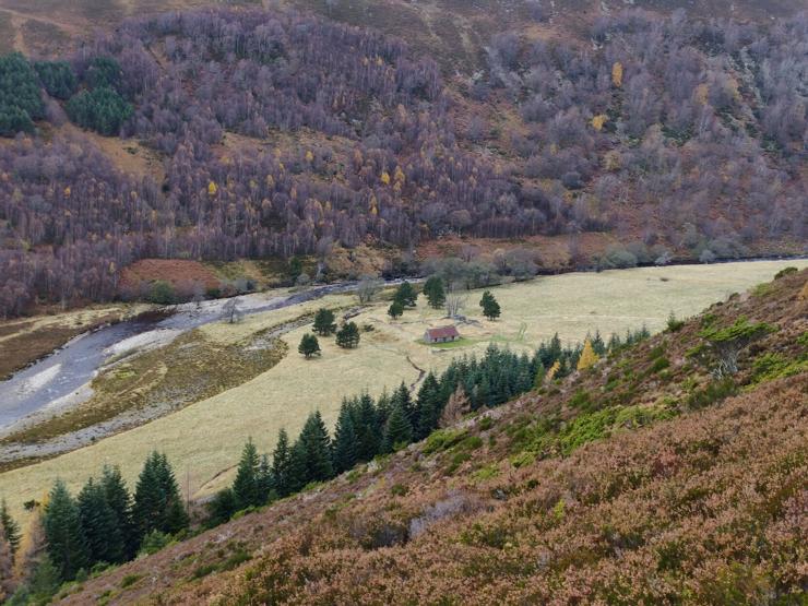 View down from a heather covered hillside to a river and small stone cottage (Lynaberack)