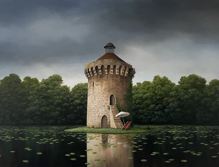 Painting. A small castle-like tower on an island on a lake, a deckchair sits under a parasol. 