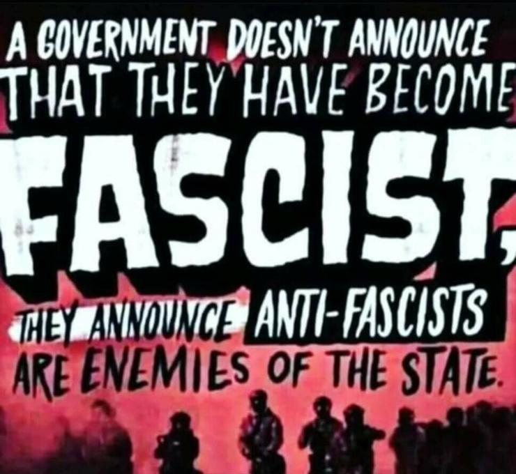 Text reads: A government doesn't announce that they have become fascist, they announce anti -fascists are enemies of the state