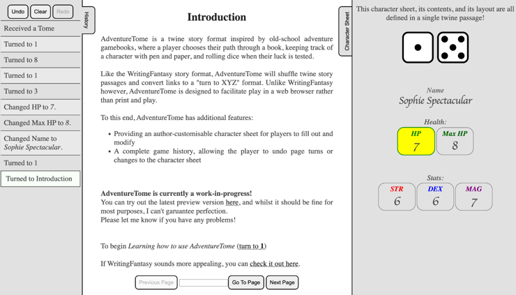 Screenshot of the linked web page. It shows the AdventureTome interface with game history on the left, character sheet on the right, and gamebook pages in the center.
