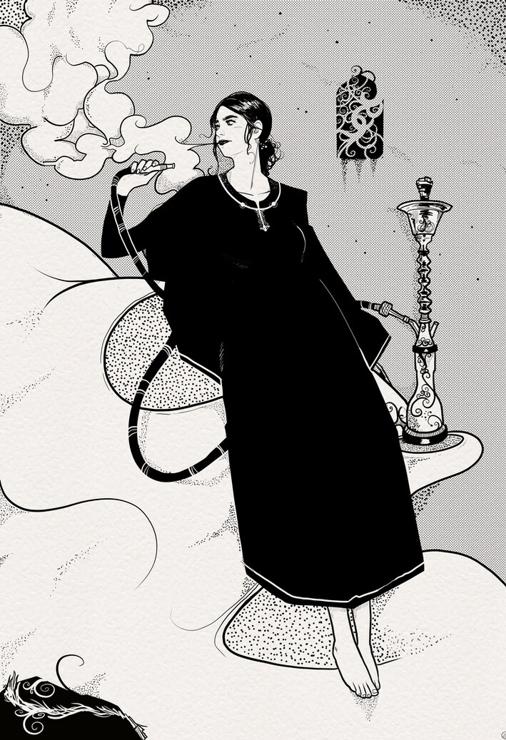 Girl with a hookah blowing smoke.