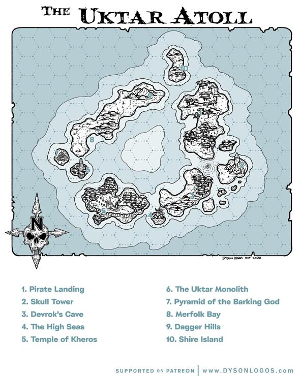 Fantasy RPG map of a ridiculous Atoll that has all the best adventuring attractions!