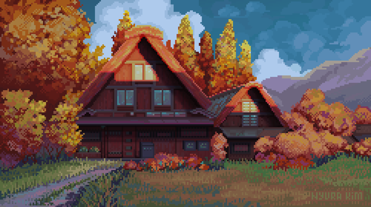 (original work was done by Yoichi Nishikawa) pixel art scenery of a house surrounded by autumn trees with bright orange coloration on them - light is bright and direct, sky is blue and cloudy