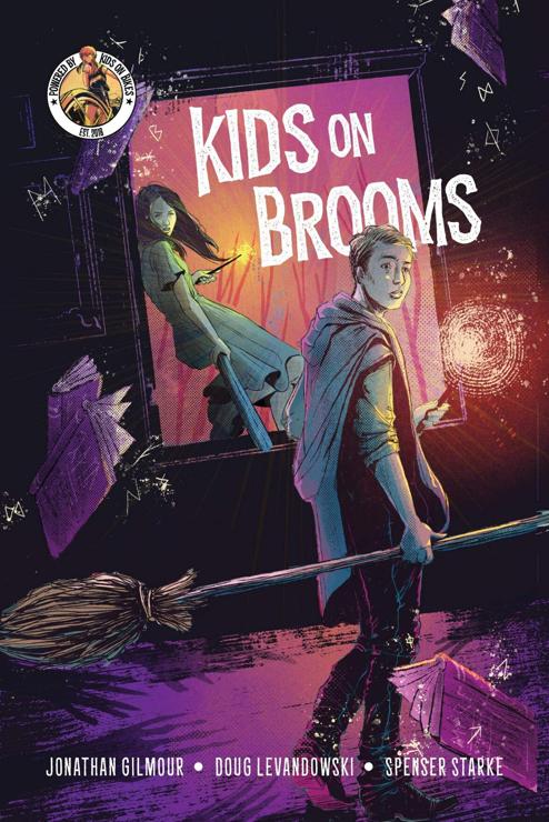 Cover of the Kids on Brooms RPG. Two teenaged people with broomsticks and wands. A couple of spellbooks hover in the air nearby.