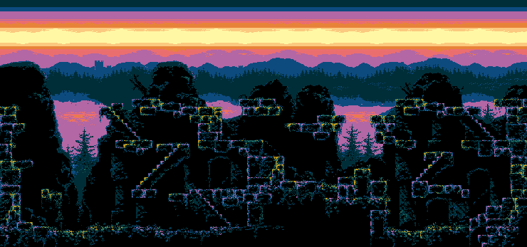 A ruined fortress-like town built into the stone hill overlooking a big lake in the evening. 