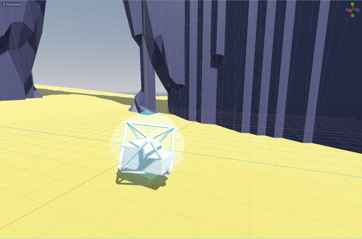 A very blocky and untextured model that looks a little bit like a 4WD land rover surrounded by an octohedral lattice, floating in a glass hamster ball, on an alien desert planet with a stone arch behind. Trust me, that description makes it sound way cooler than it looks.